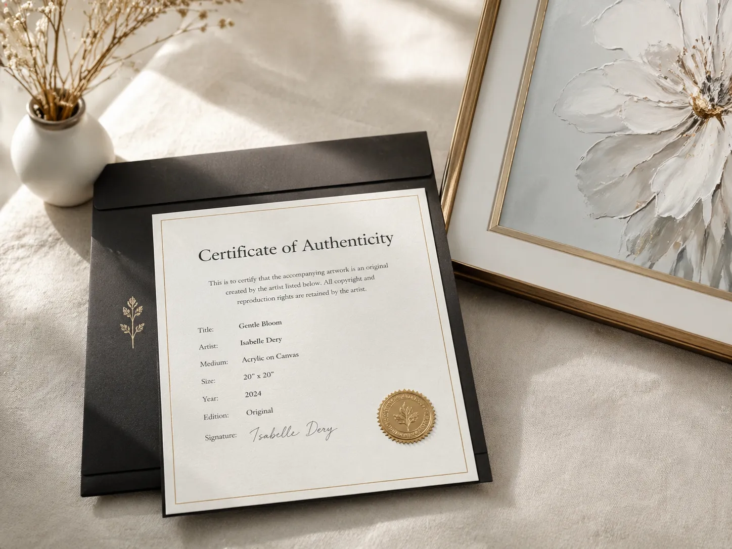Bonum Art Gallery certificate of authenticity presented with the artwork