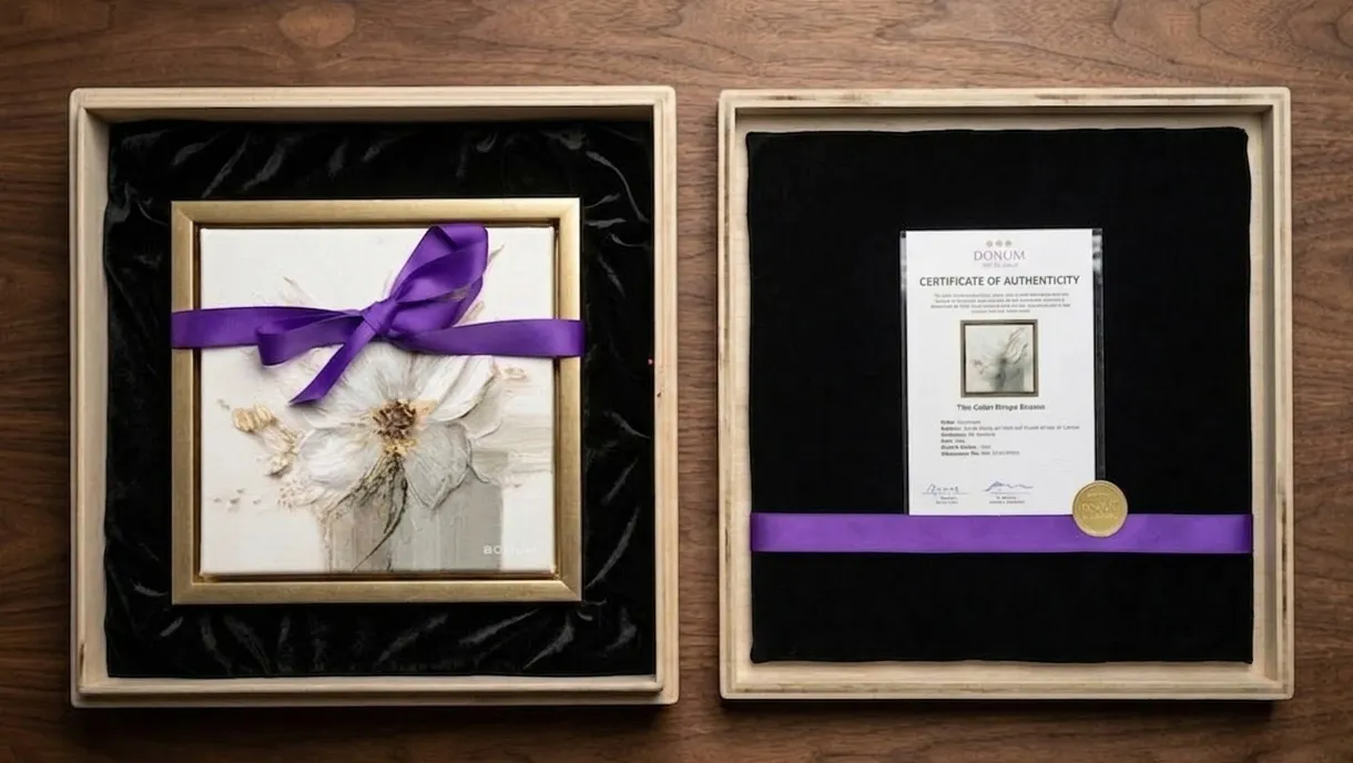A framed artwork being prepared for packaging with certificate, protective materials, and studio care.