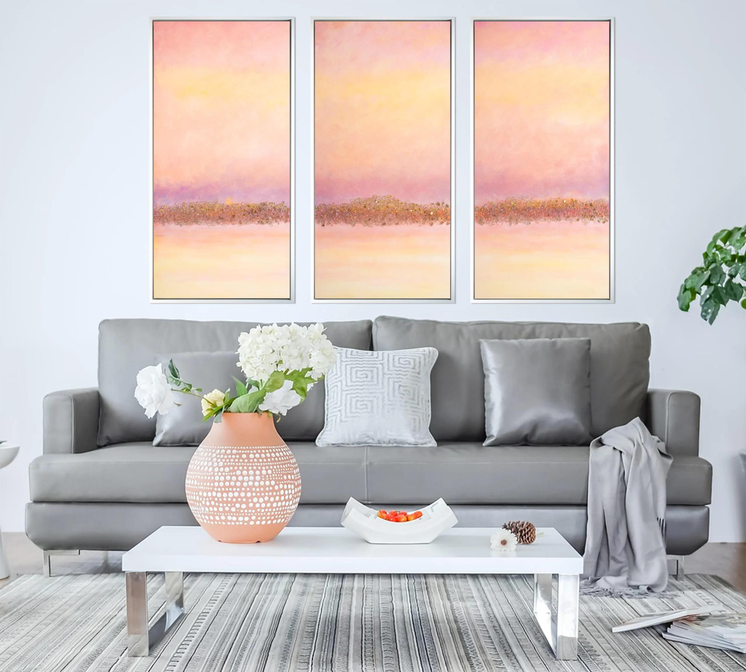 Dawnlight Reflections — luminous triptych in a soft interior