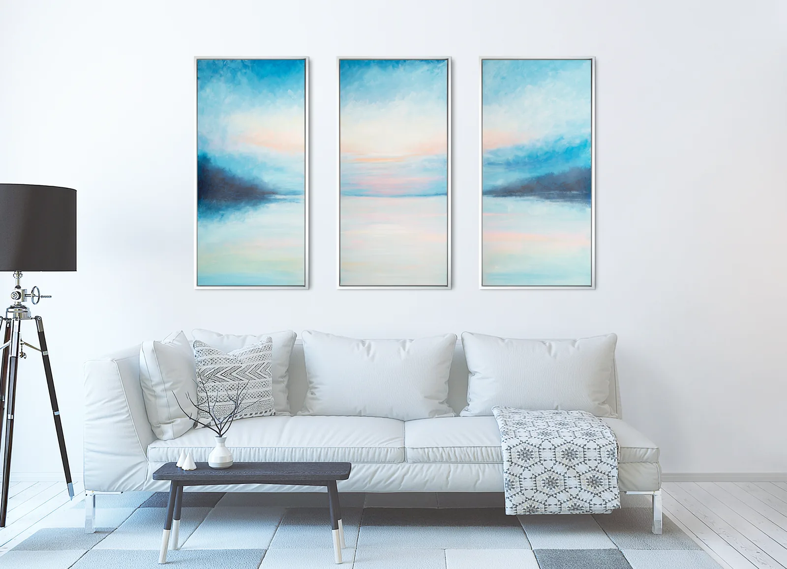Ethereal Horizon Symphony triptych in a calm white living room.