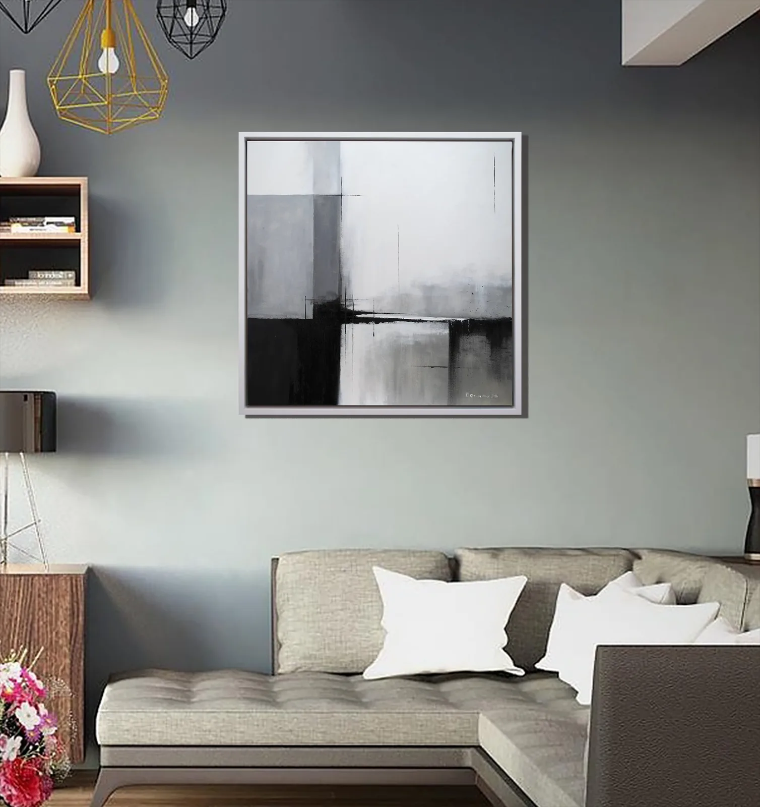 Lines of Stillness black and white artwork in a contemporary living room.