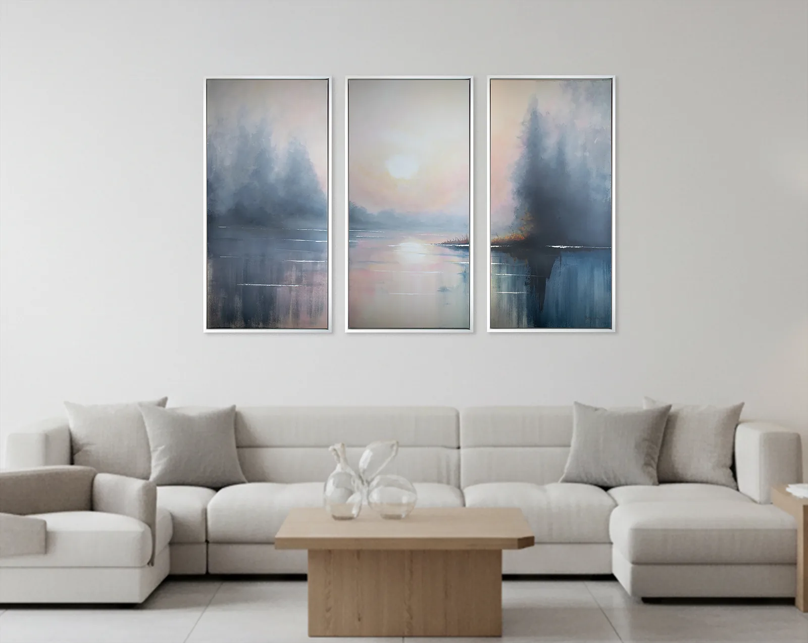 Mists of Serenity atmospheric triptych in a calm interior.