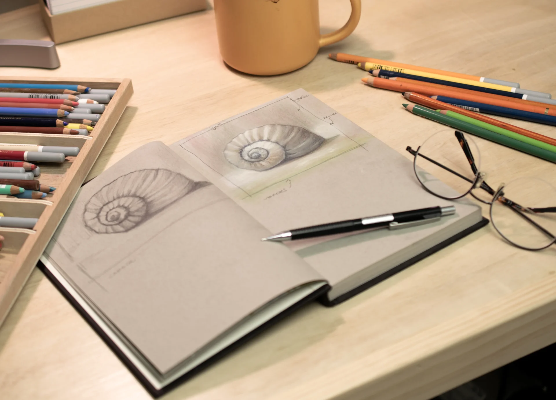 Landscape sketches, color notes, and early composition studies arranged in a warm studio.