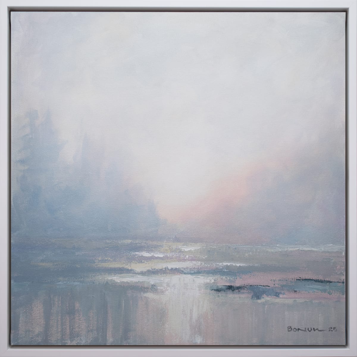 Soft Dawn original 20 x 20 framed abstract painting in soft gray, blue, and blush tones.