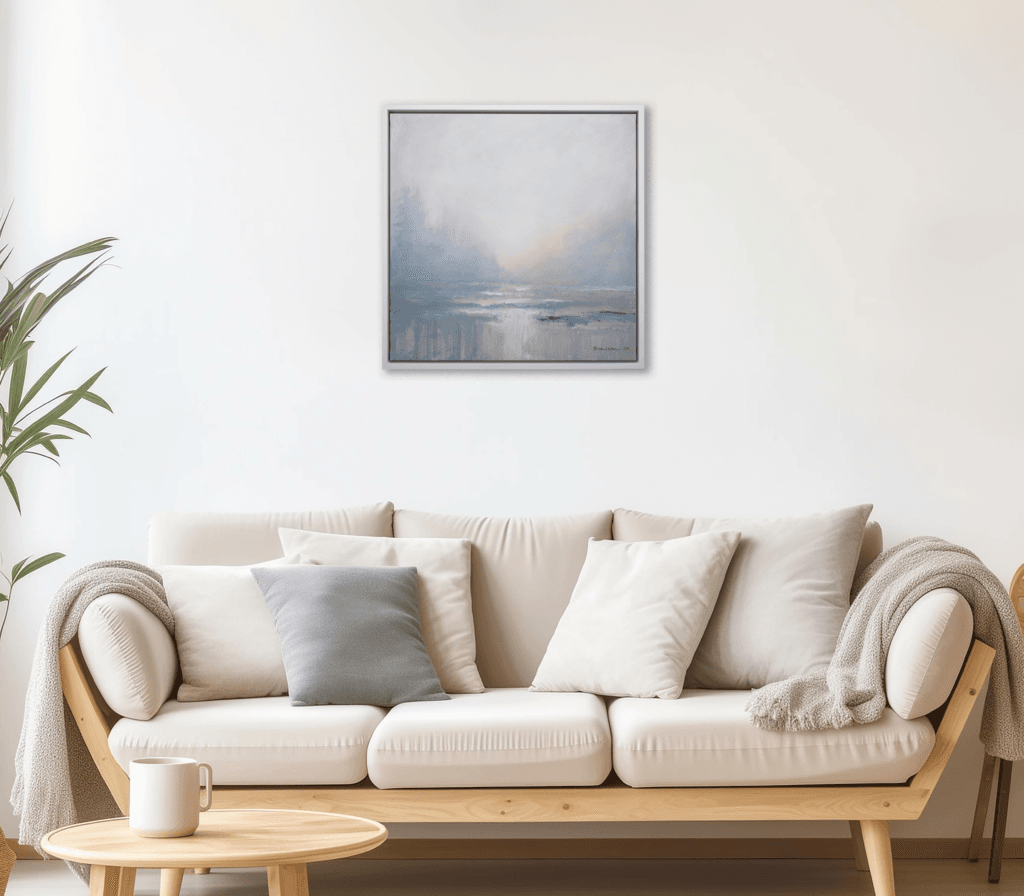 Soft Dawn original framed artwork displayed above a neutral sofa in a calm living room interior.