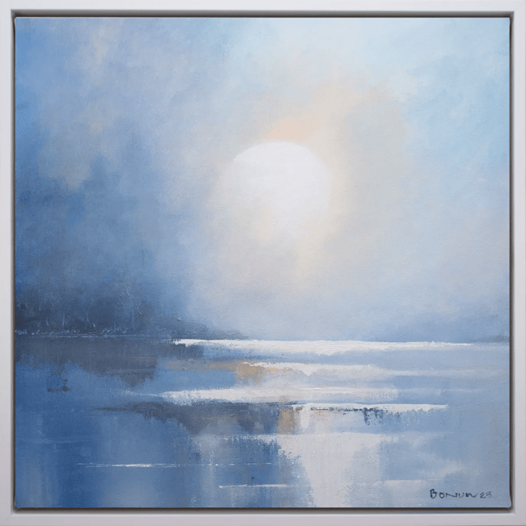Emerging Light original 20 x 20 framed abstract landscape artwork in soft blue, gray, and warm mist tones.