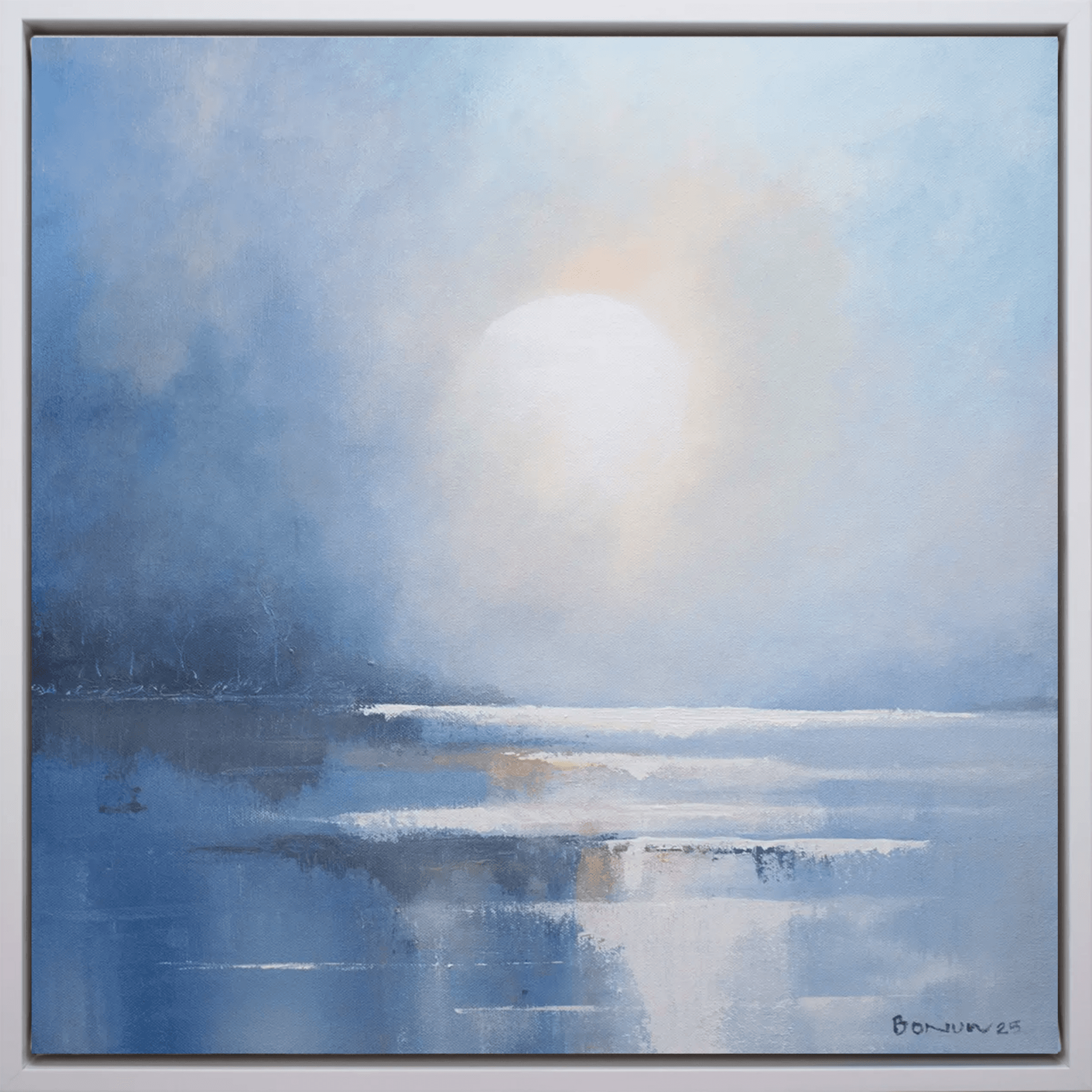 Emerging Light original 20 x 20 framed abstract landscape artwork in soft blue, gray, and warm mist tones.