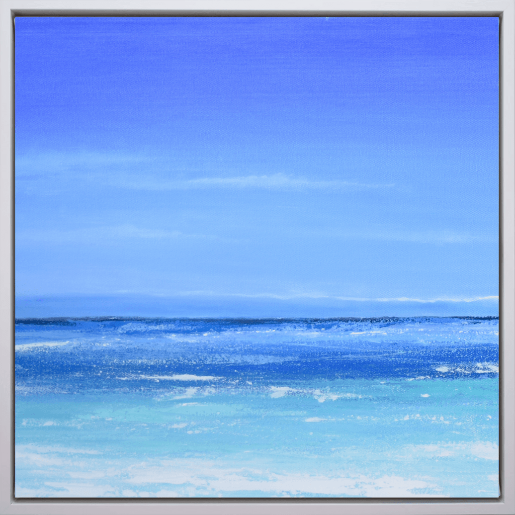 Azure Horizon I limited edition coastal artwork with layered blue horizon and soft sea tones in a silver frame.
