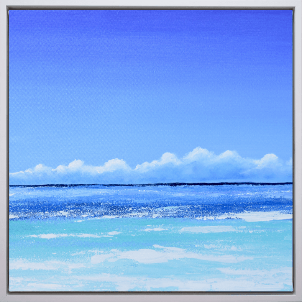 Azure Horizon II limited edition coastal artwork with soft clouds, blue ocean horizon, and turquoise sea tones in a silver frame.