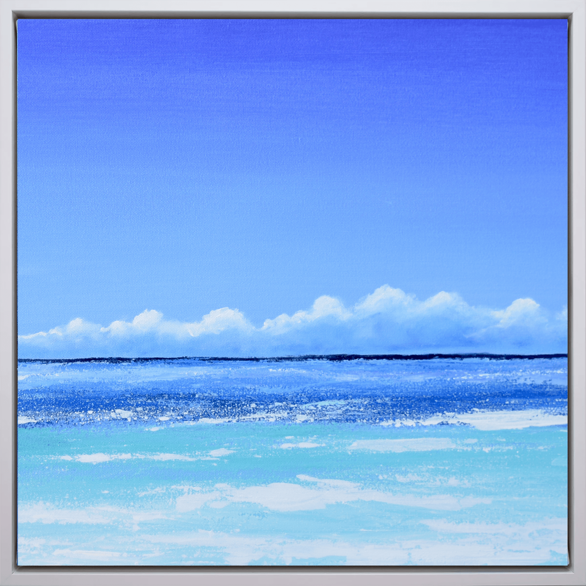Azure Horizon II limited edition coastal artwork with soft clouds, blue ocean horizon, and turquoise sea tones in a silver frame.