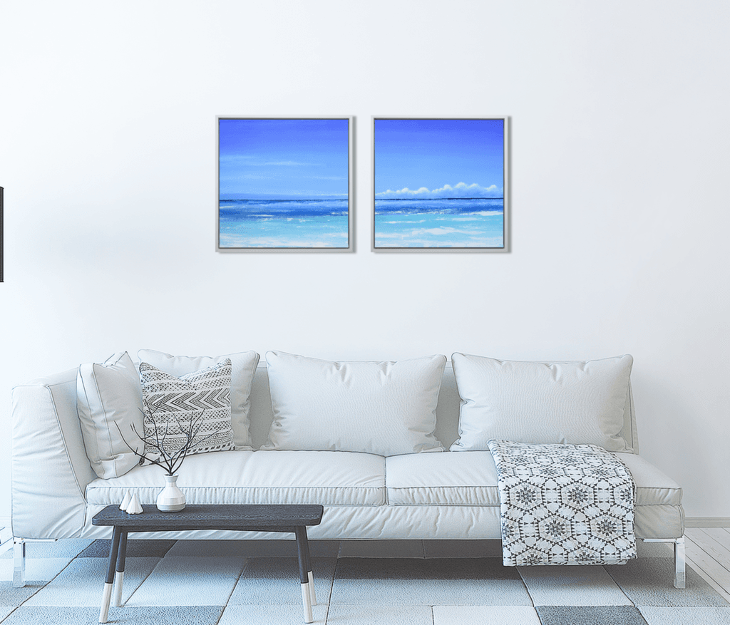 Azure Horizon I and Azure Horizon II shown together in a contemporary interior above a white sofa.