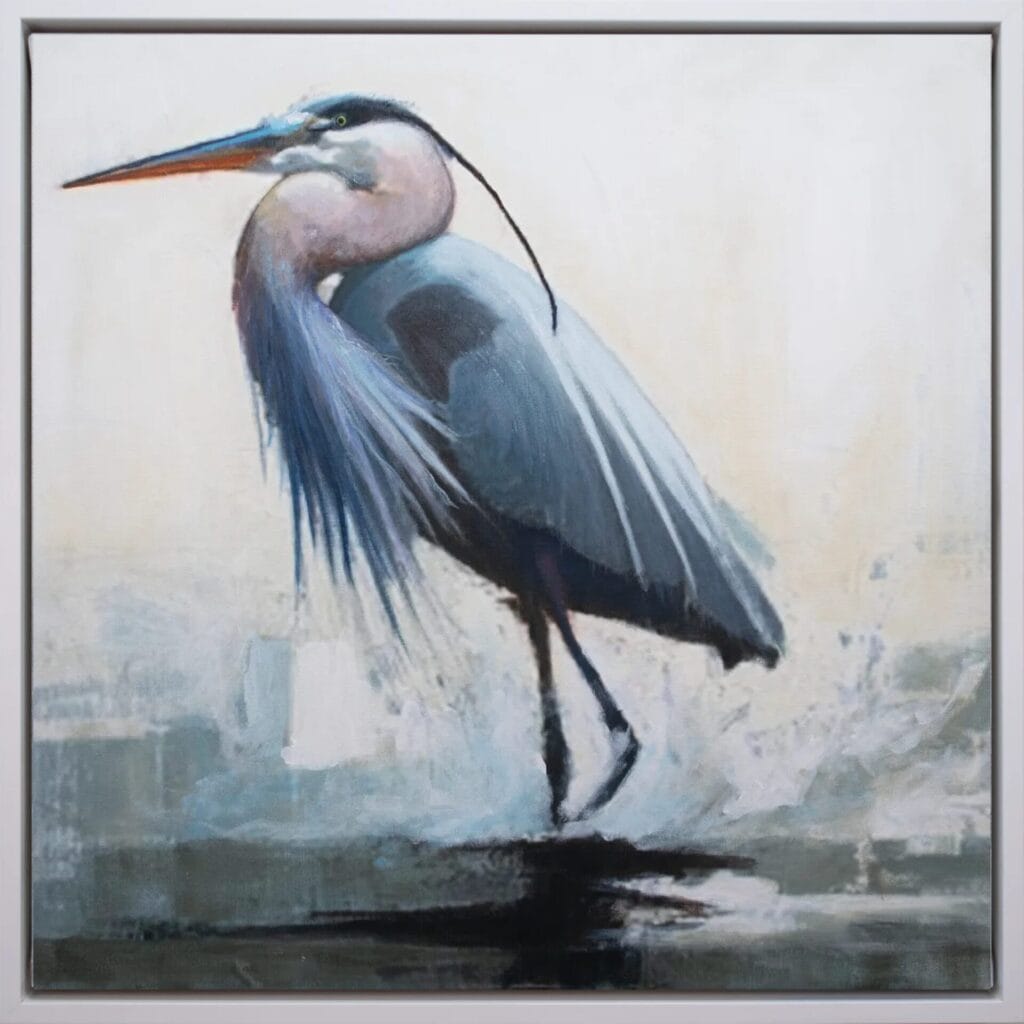 Blue Heron Poise limited edition bird artwork 20x20 in white frame by Bonum Art Gallery