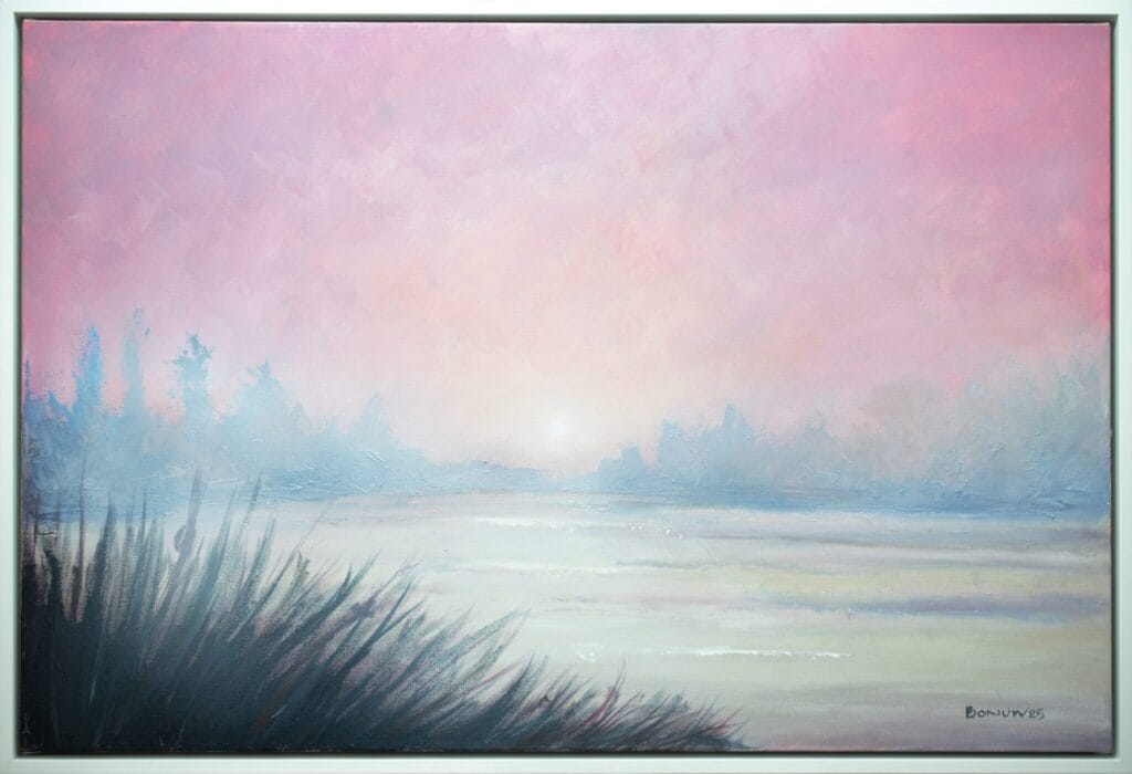 Blush of Morning original 24 x 36 acrylic painting with soft blush pink sky, pale blue atmosphere, and a quiet marsh horizon.