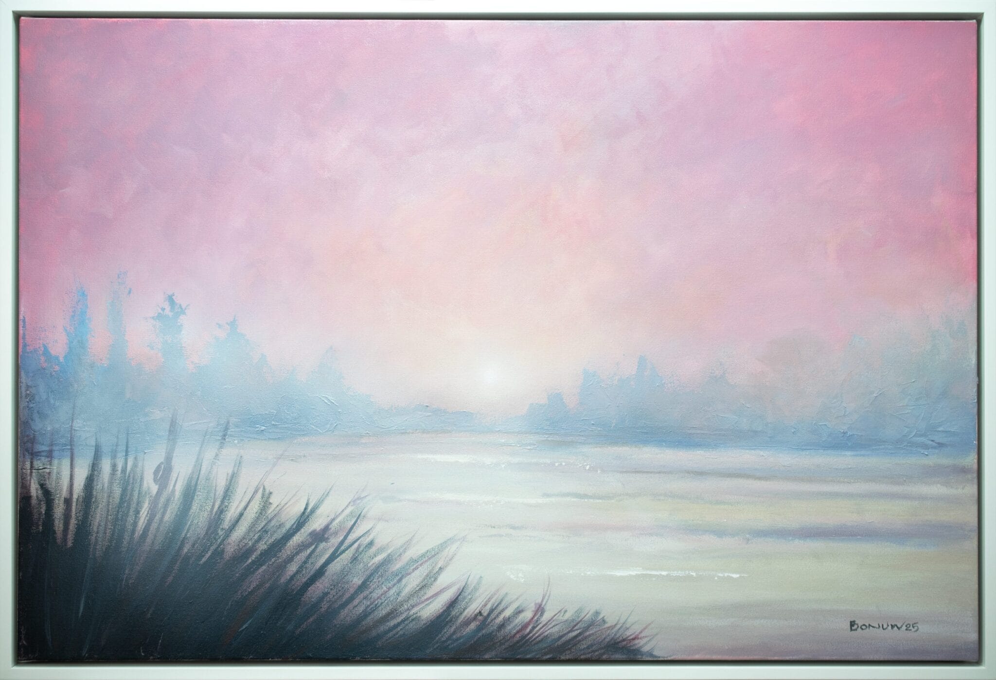 Blush of Morning original 24 x 36 acrylic painting with soft blush pink sky, pale blue atmosphere, and a quiet marsh horizon.