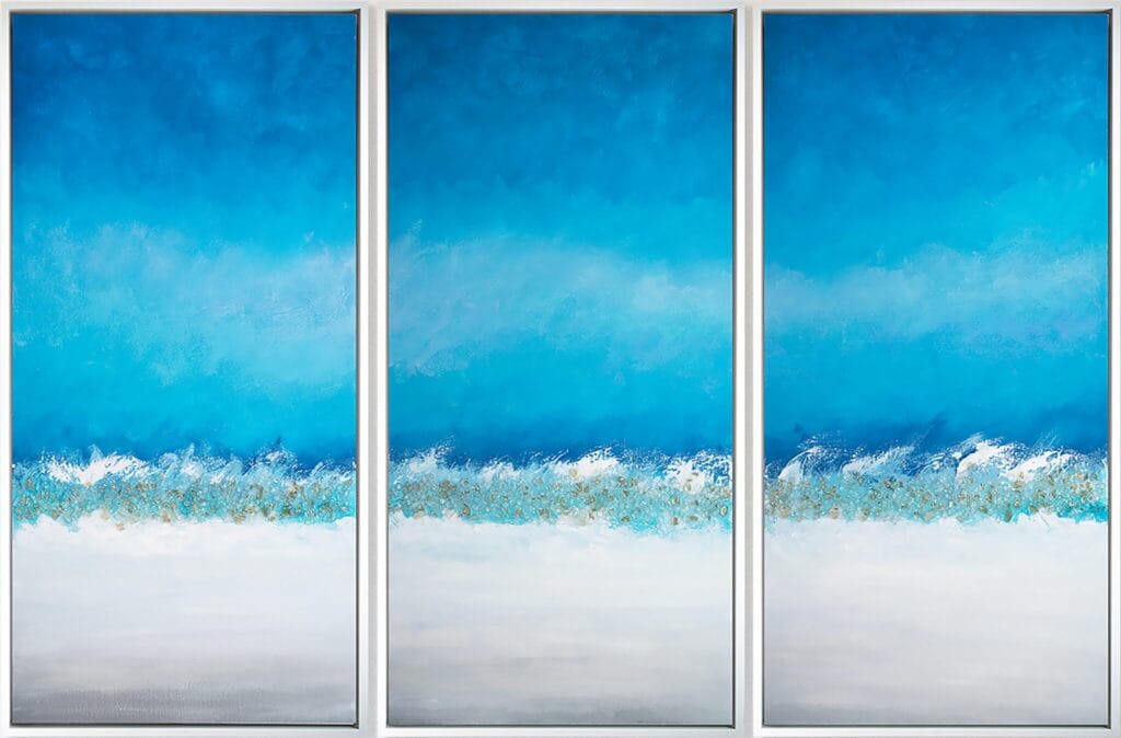 Coastal Horizon original acrylic triptych with textured details, resin accents, and luminous turquoise-blue layers across three vertical canvas panels.