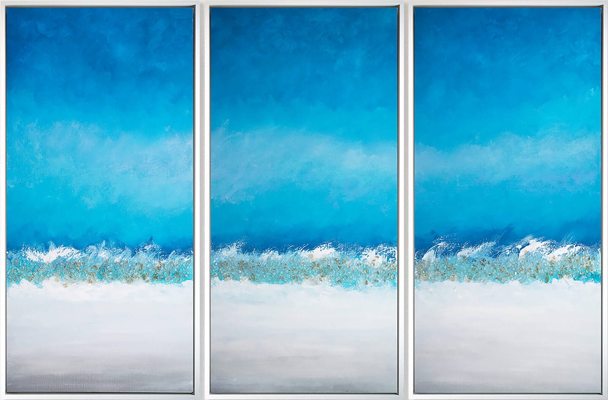Coastal Horizon original acrylic triptych with textured details, resin accents, and luminous turquoise-blue layers across three vertical canvas panels.