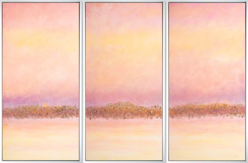 Dawnlight Reflections original acrylic triptych with warm blush tones, textured details, and resin accents across three vertical canvas panels.