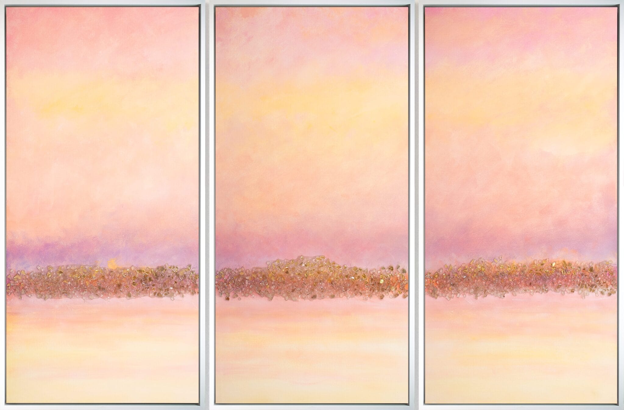 Dawnlight Reflections original acrylic triptych with warm blush tones, textured details, and resin accents across three vertical canvas panels.