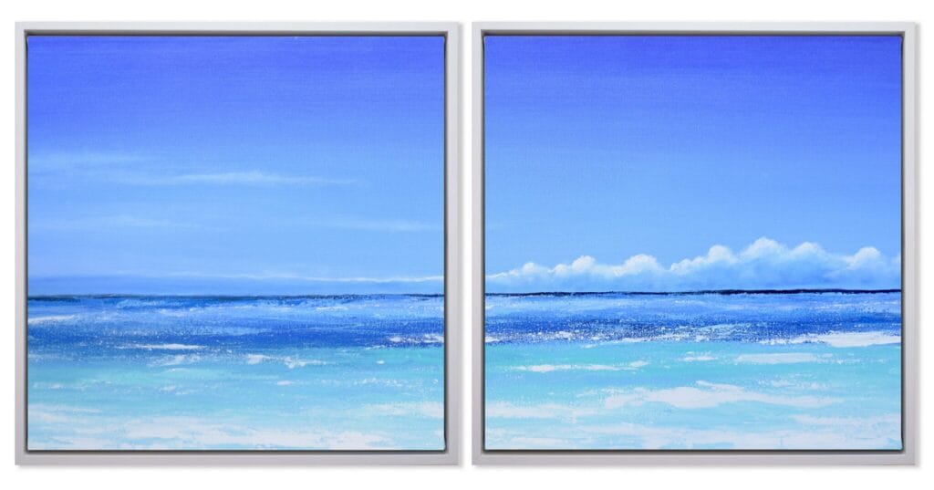 Azure Horizon Diptych limited edition coastal artwork 20x40 featuring two blue ocean horizon pieces in silver frames by Bonum Art Gallery