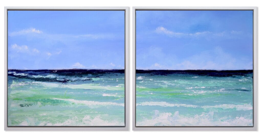 Seafoam Horizon Diptych limited edition coastal artwork 20x40 featuring two ocean horizon pieces in silver frames by Bonum Art Gallery