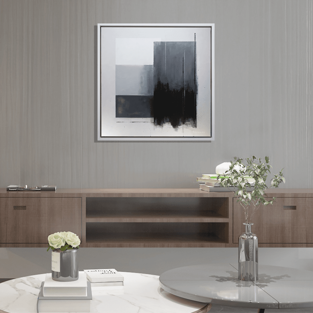 Echoes of Balance original abstract acrylic artwork displayed above a modern wood console in a contemporary interior.