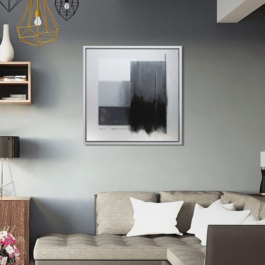 Echoes of Balance original abstract painting displayed above a sofa in a contemporary living room with soft neutral tones.