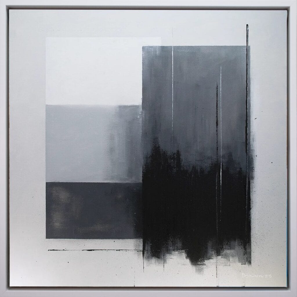 Echoes of Balance original abstract acrylic painting with layered black, gray, and white forms on canvas, creating a balanced minimalist composition with textured depth.