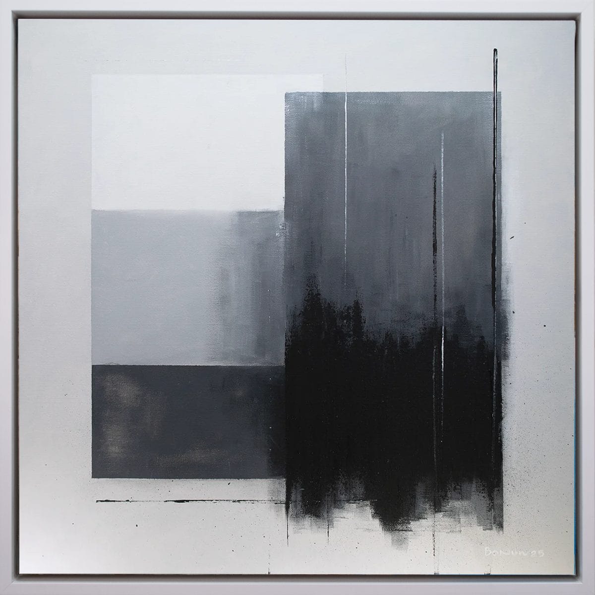 Echoes of Balance original abstract acrylic painting with layered black, gray, and white forms on canvas, creating a balanced minimalist composition with textured depth.