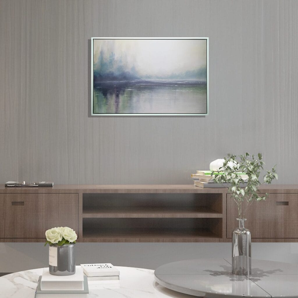 Echoes of Stillness original framed acrylic painting displayed above a wood console in a calm contemporary interior.