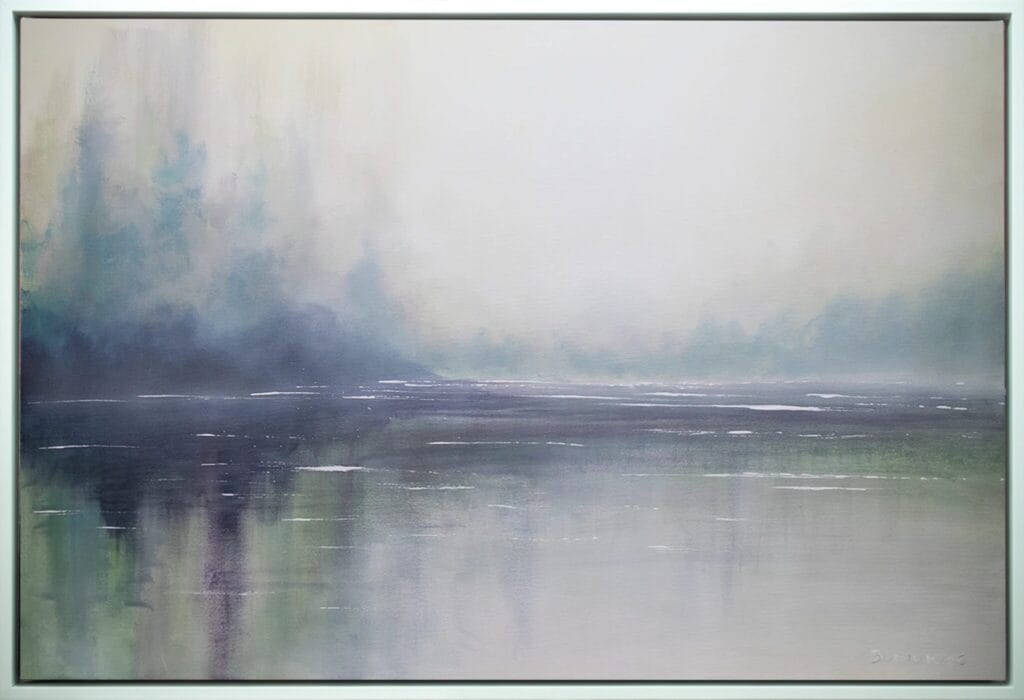 Echoes of Stillness original 24 x 36 acrylic painting with misty blue-gray water, a softened horizon, and subtle green reflections.