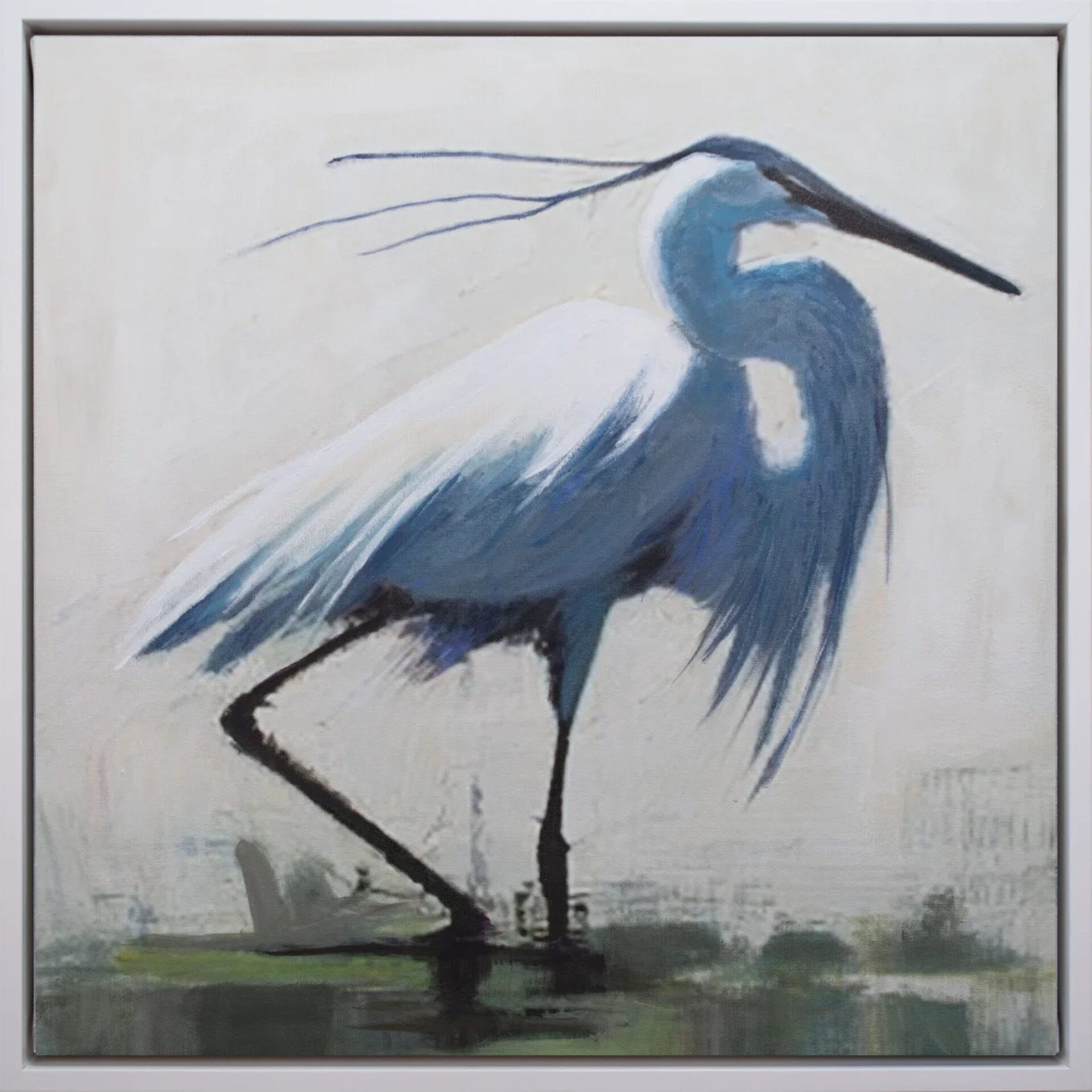 Elegant Heron Study limited edition bird artwork 20x20 in white frame by Bonum Art Gallery