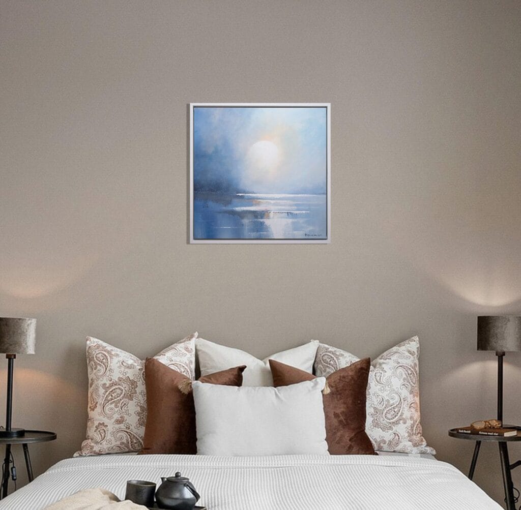 Emerging Light original framed artwork displayed in a calm neutral bedroom.
