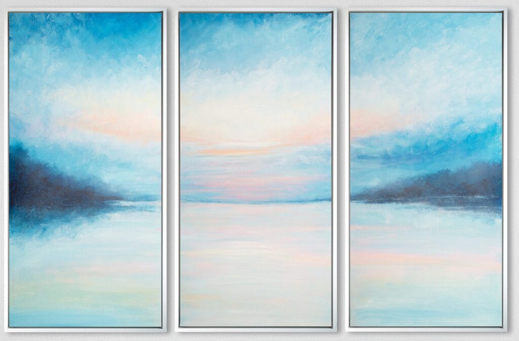 Ethereal Horizon Symphony original acrylic triptych with pale blue, aqua, and blush tones forming a luminous horizon across three vertical canvas panels.