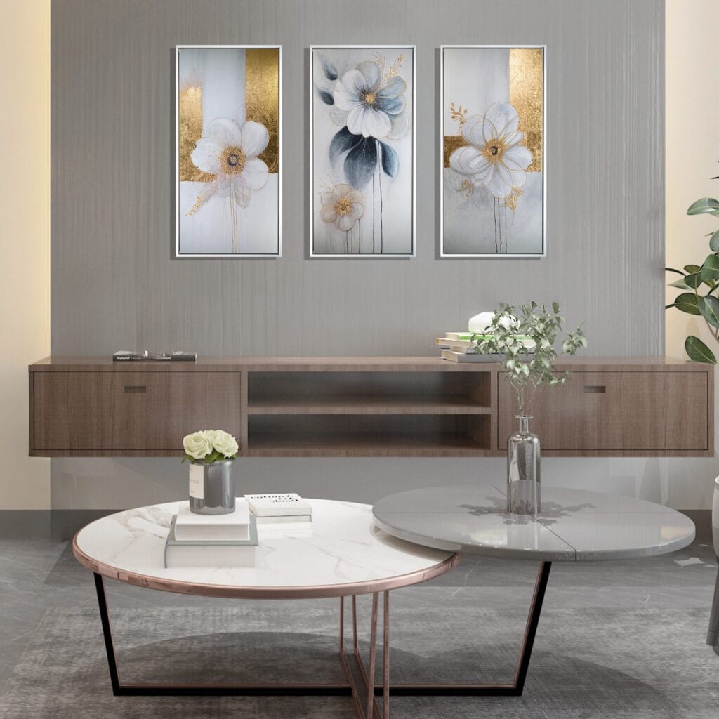 Golden Bloom Symphony original acrylic triptych displayed above a wood console in an elegant contemporary interior.