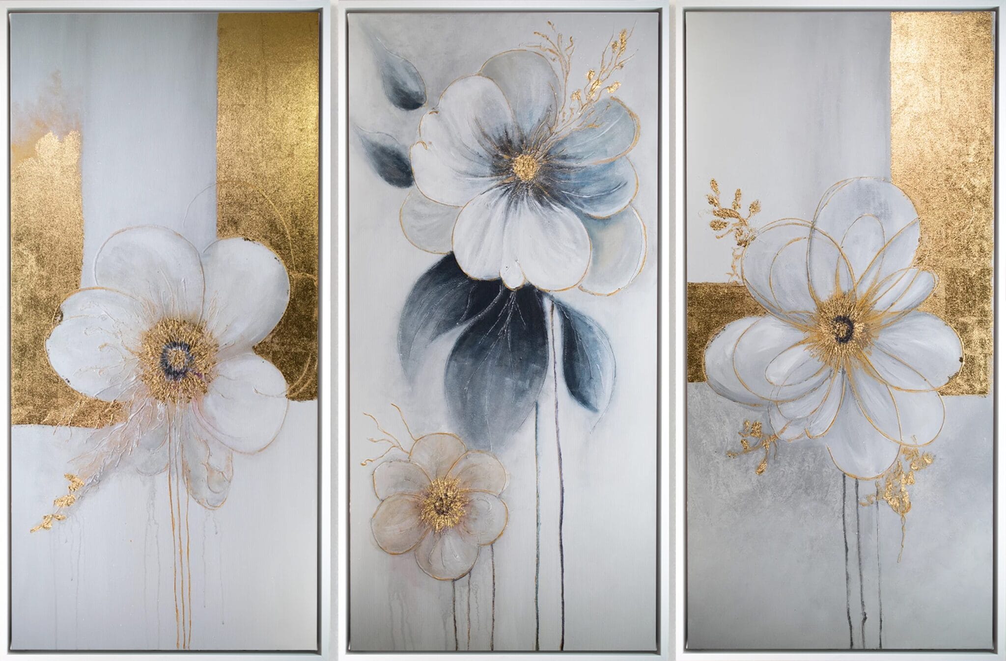 Golden Bloom Symphony original acrylic triptych with white and gray flowers, textured details, and gold leaf accents across three vertical canvas panels.