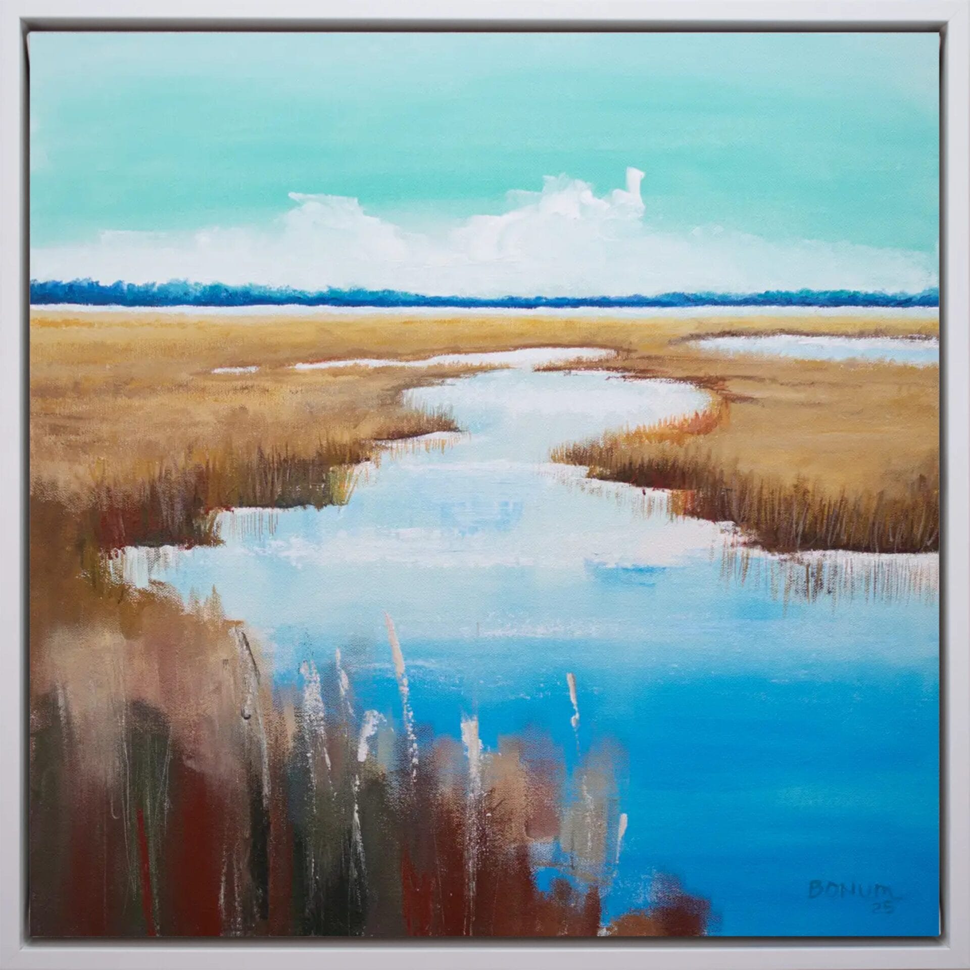 Golden Marsh Path original 20 x 20 acrylic painting with golden marsh grasses, calm water, and a bright blue sky.