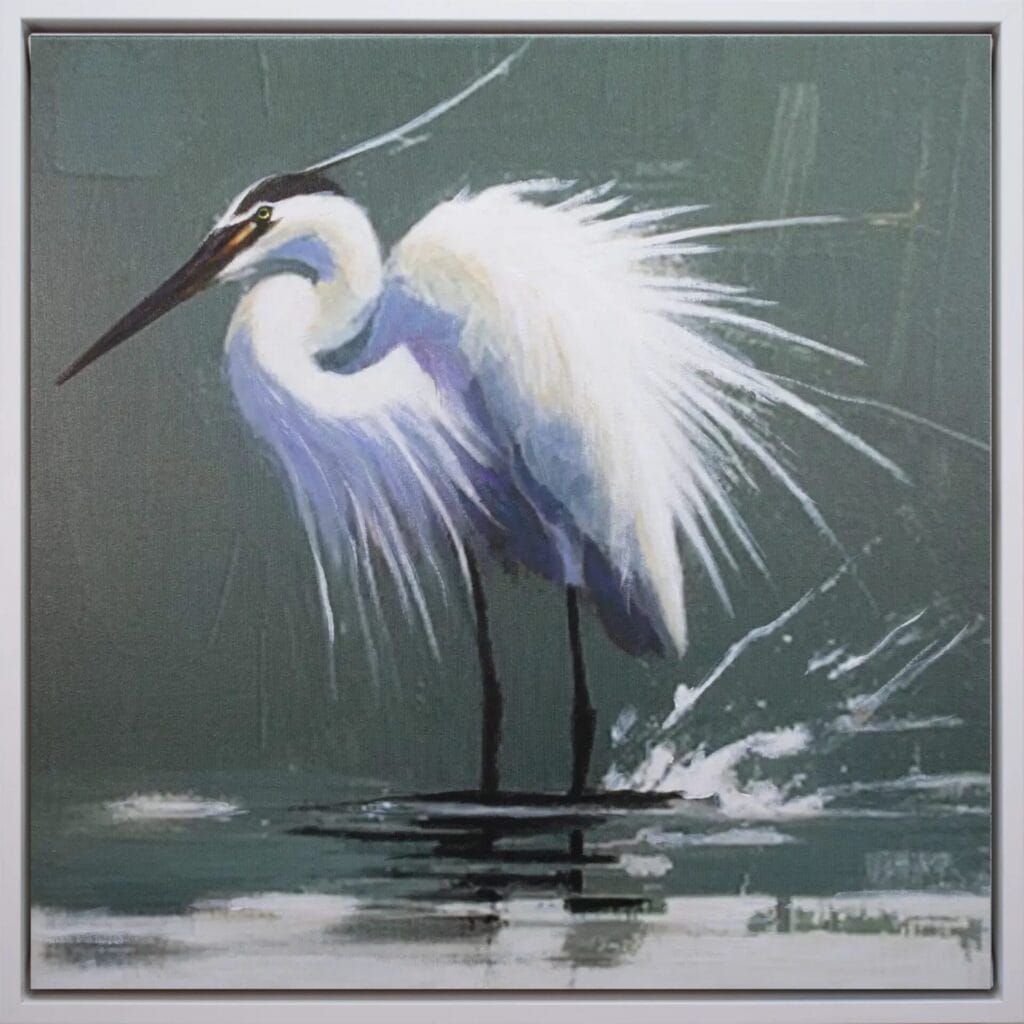 Graceful Egret limited edition bird artwork 20x20 in white frame by Bonum Art Gallery