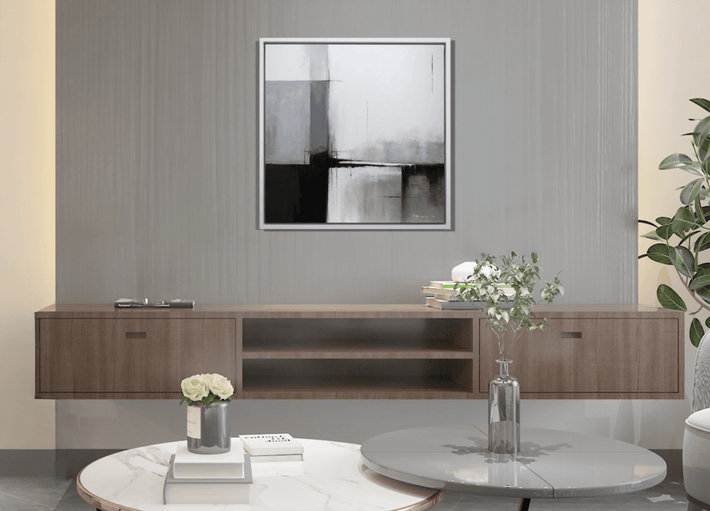 Lines of Stillness original abstract acrylic artwork displayed above a modern wood console in a contemporary interior.
