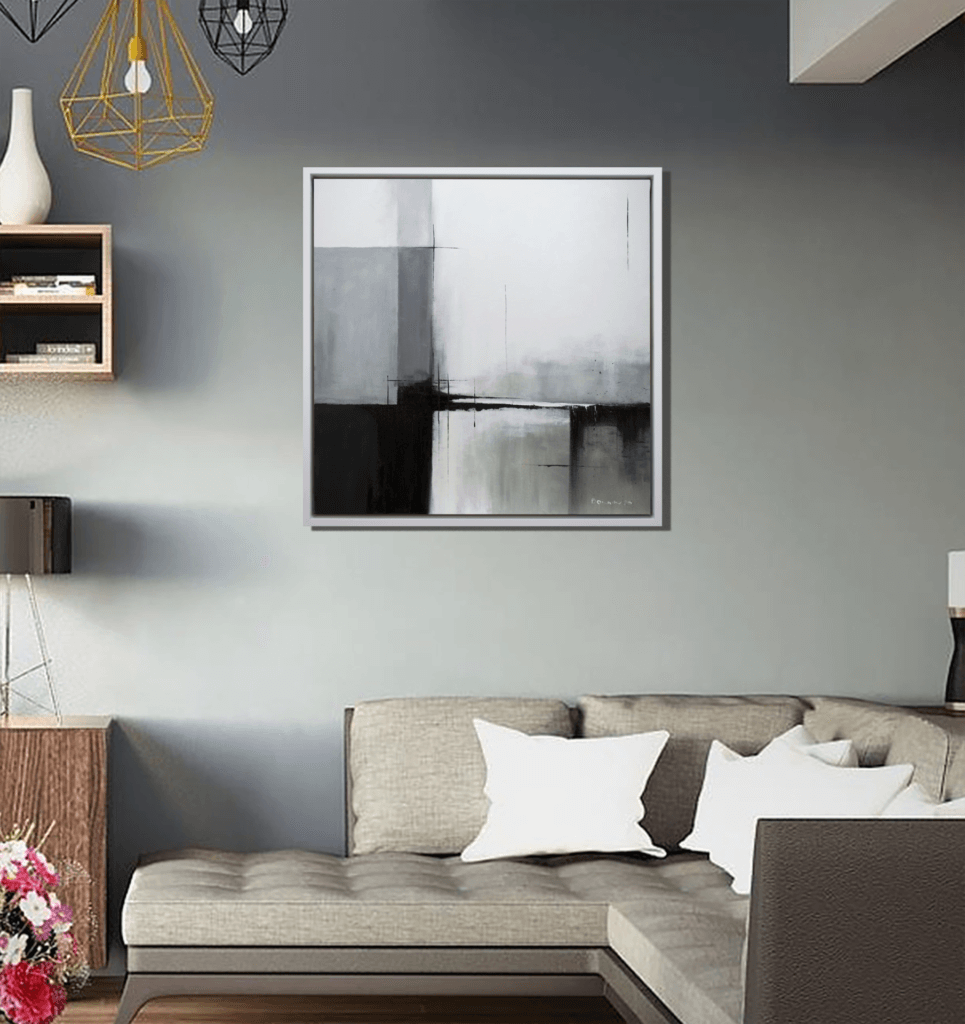 Lines of Stillness original abstract painting displayed above a sofa in a contemporary living room with soft neutral tones.