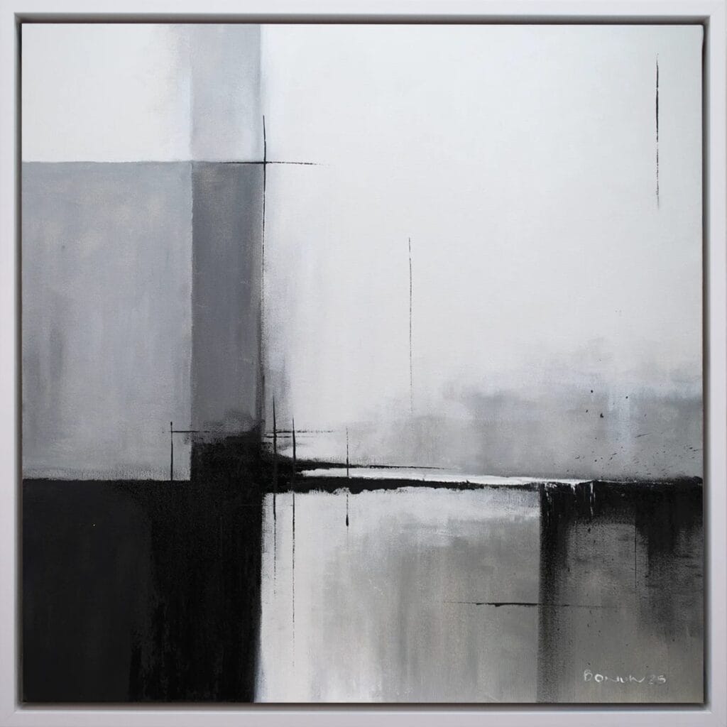 Lines of Stillness original abstract acrylic painting with layered black, gray, and white forms on canvas, creating a quiet minimalist composition with textured depth.