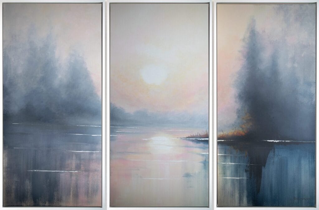 Mists of Serenity original acrylic triptych with soft misty blue, gray, and blush tones forming a serene reflective landscape across three vertical canvas panels.