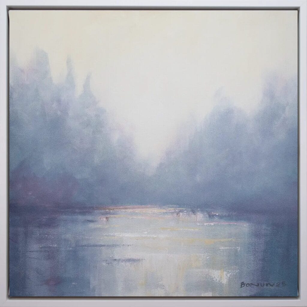 Misty Dawn original 20 x 20 acrylic painting with soft blue mist, quiet trees, and a pale luminous horizon.