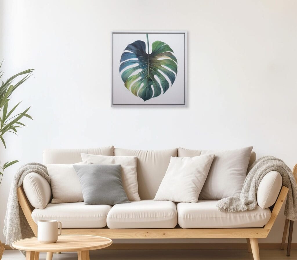 Monstera Study I limited edition botanical artwork displayed above a neutral living room sofa by Bonum Art Gallery