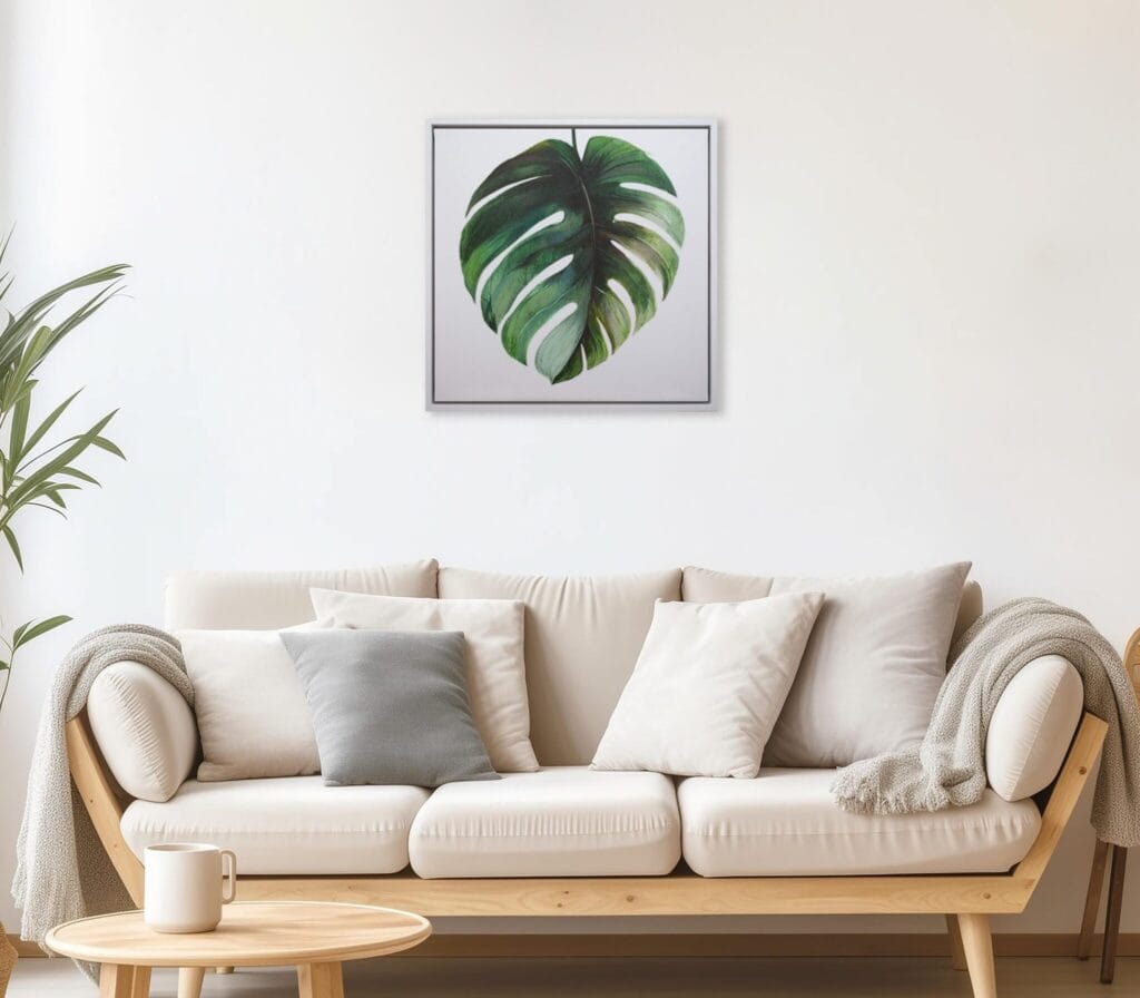 Monstera Study II limited edition botanical artwork displayed above a neutral living room sofa by Bonum Art Gallery
