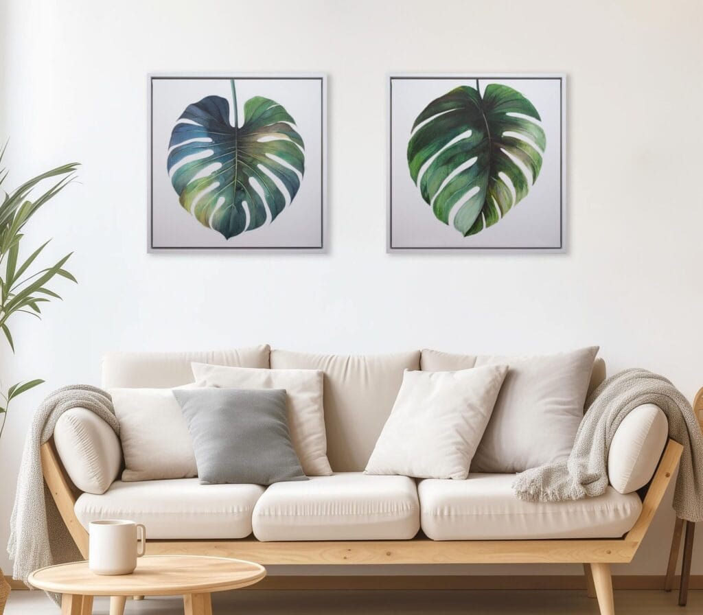 Monstera Studies limited edition botanical artworks displayed above a neutral living room sofa by Bonum Art Gallery
