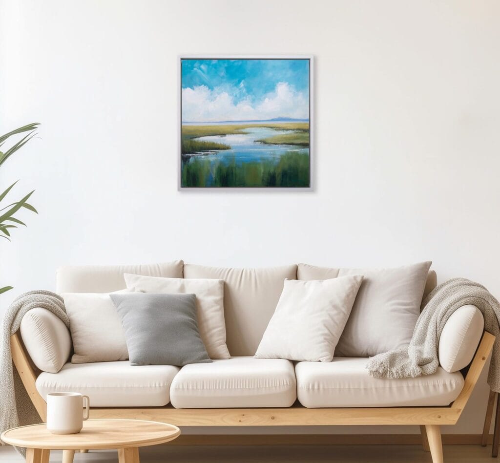 Open Sky Marsh original framed acrylic painting displayed above a sofa in a calm neutral living room.