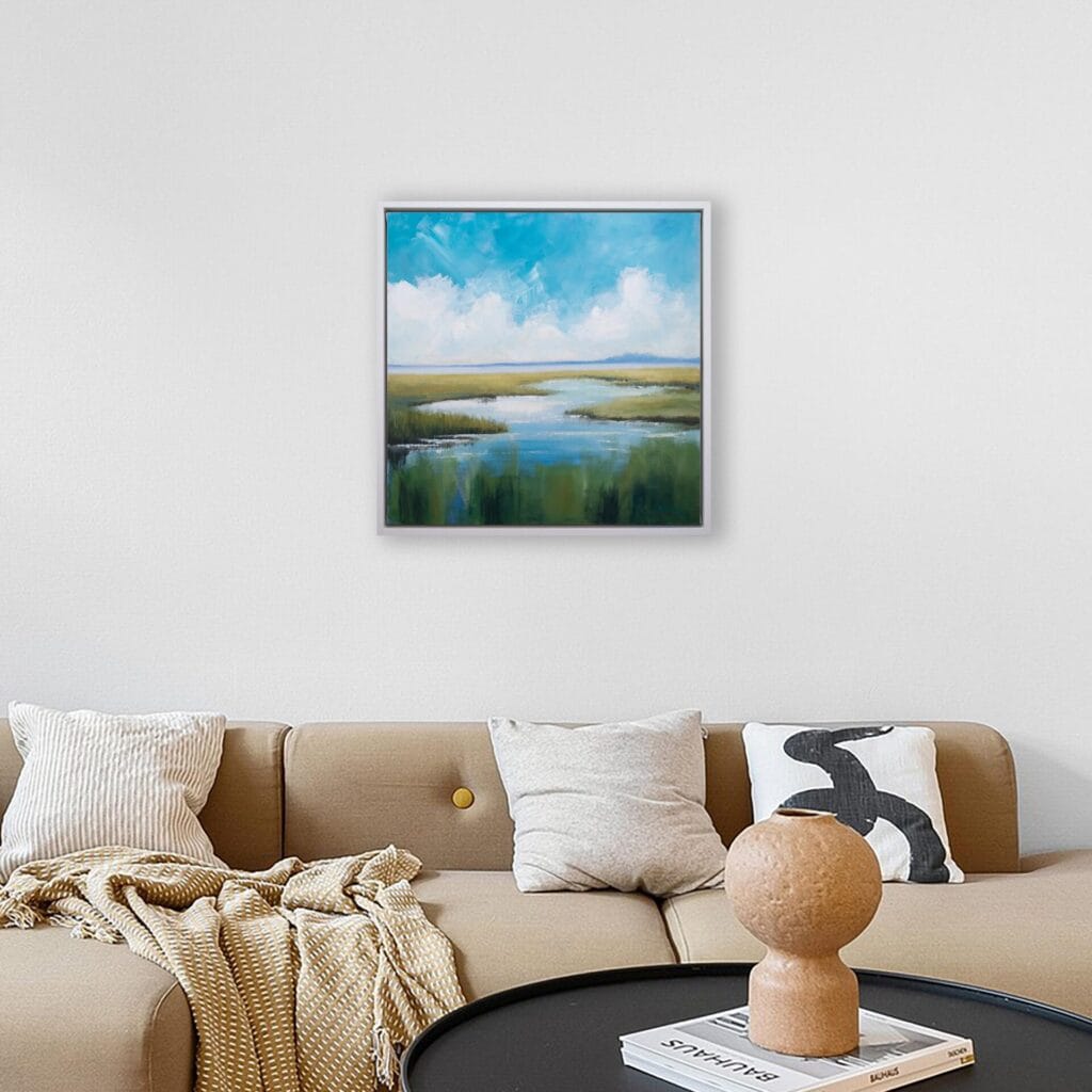 Open Sky Marsh original framed artwork displayed in a contemporary living room with soft coastal tones.