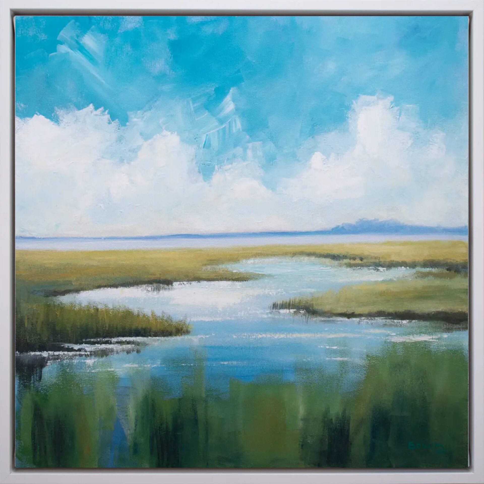 Open Sky Marsh original 20 x 20 acrylic painting with open blue sky, soft marsh greens, and reflective coastal water.