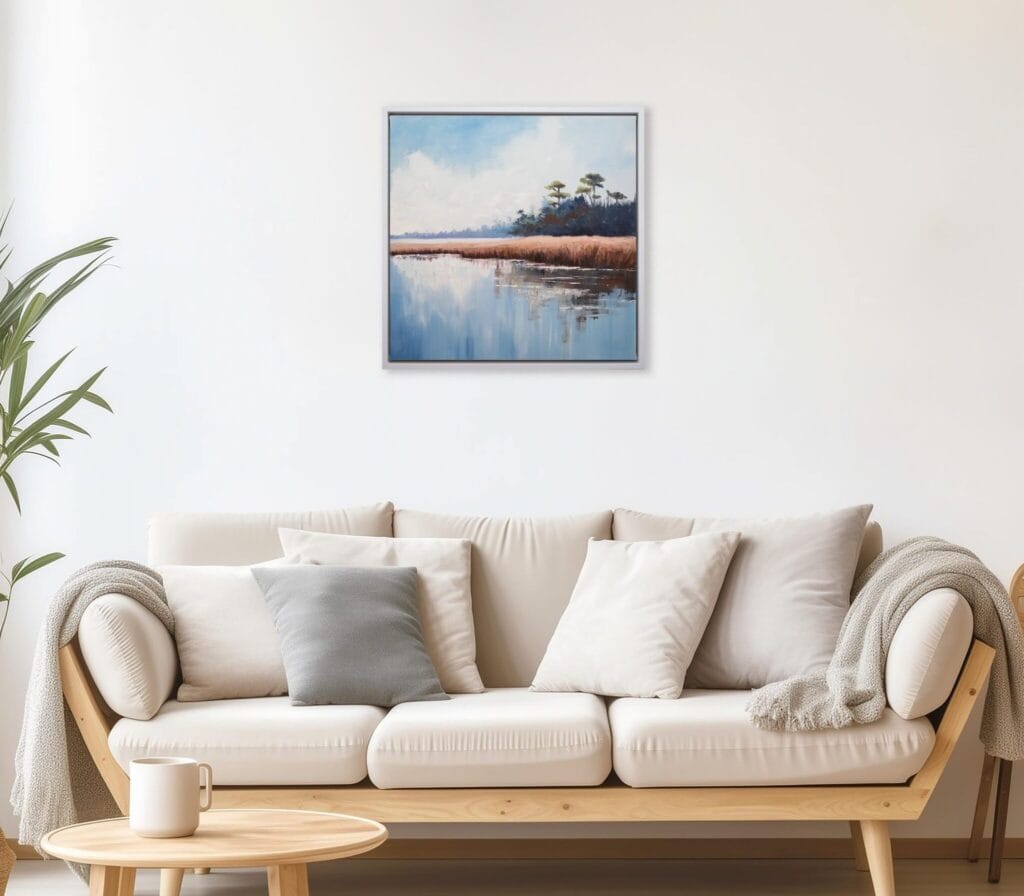 Quiet Marsh Reflections original framed acrylic painting displayed in a softly styled living room.