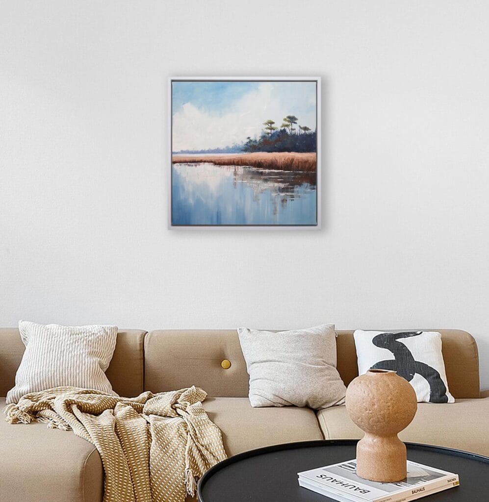 Quiet Marsh Reflections original framed artwork displayed in a calm neutral interior.
